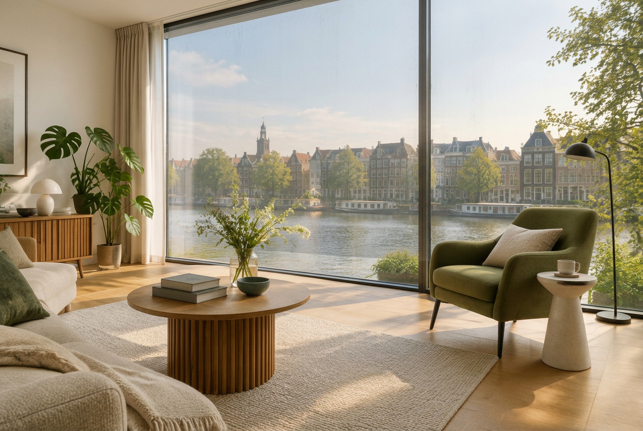 Woonkamer met groot raam zonder folie